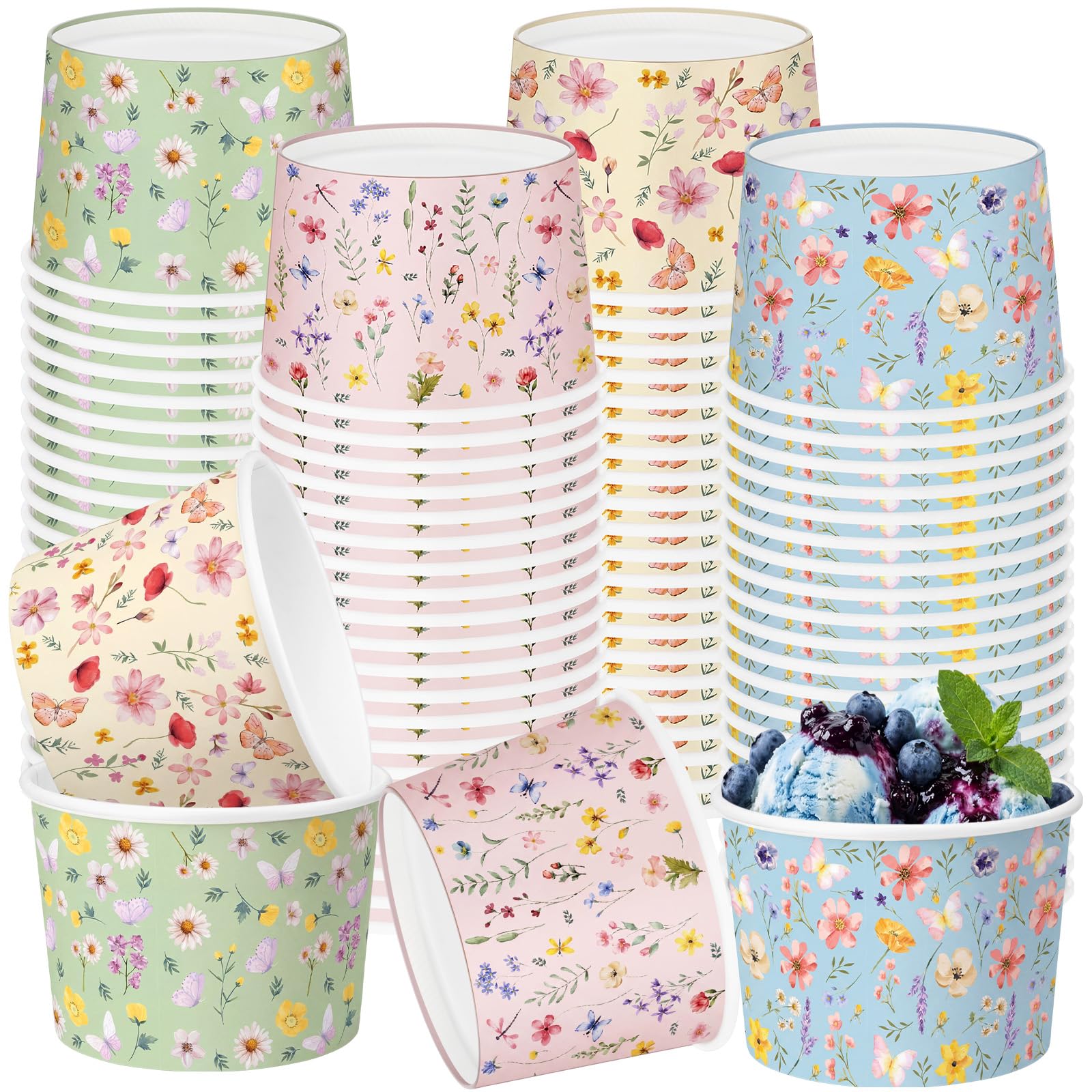 Pickmesh 80 Pcs Spring Floral Paper Ice Cream Cups 9 oz Wild Floral Disposable Dessert Bowls Snack Soup Paper Cups Birthday Wedding Baby Shower Tea Party Supplies for Hot or Cold Food