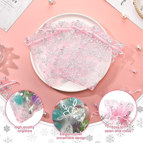 Miniatura 3 de Roowest 100 bolsas de regalo de organza rosa con copos de nieve de Navidad de 4 x 6 pulgadas, pequeñas bolsas de malla para joyas, mini bolsas de
