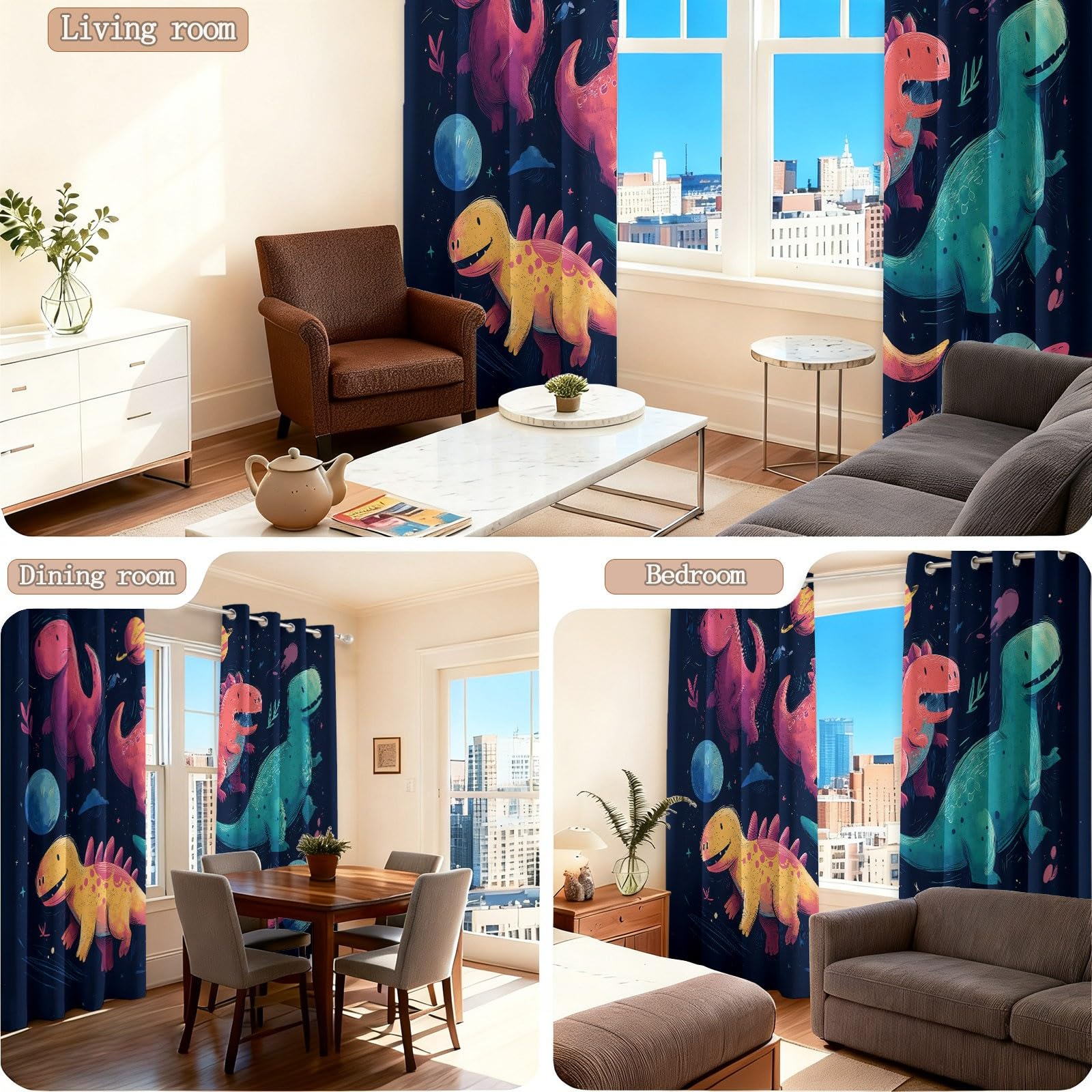 Isolant Anti-Froid Épais, Rideaux Thermiques 91.5L X 160H cm (2 Panneaux), Dinosaure De Dessin Animé Espace pour Chambre d'enfant, Coloré