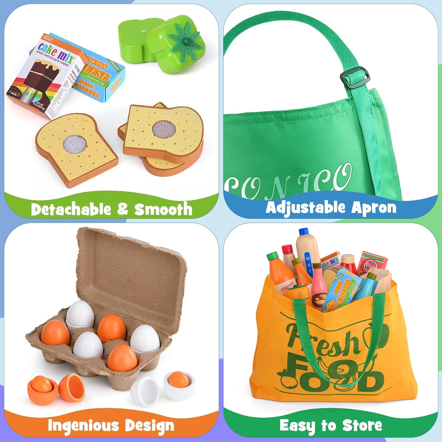 Lonico Wooden Play Food Toys for Kids, Market Grocery Store Toys with Snack & Shopping Bag & Apron for Toddlers, Pretend Play Kitchen Accessories Christmas Birthday Gift for Girls Boys 3 4 5 6 image 5 of 7 B0DF7MD8BC