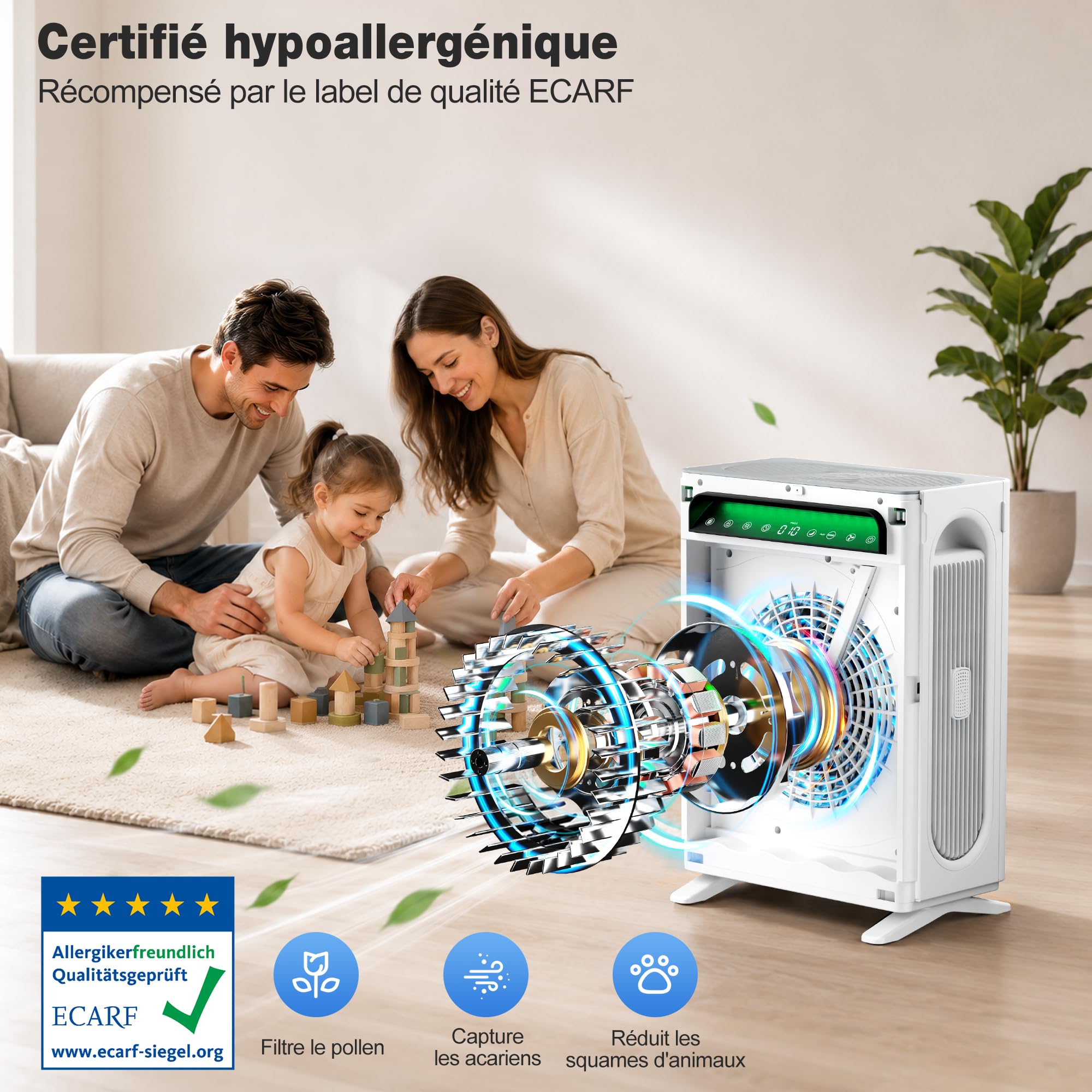 KNKA Purificateur d’air,Double filtre HEPA CADR 400m³/h,jusqu’à 120m²,Blanc