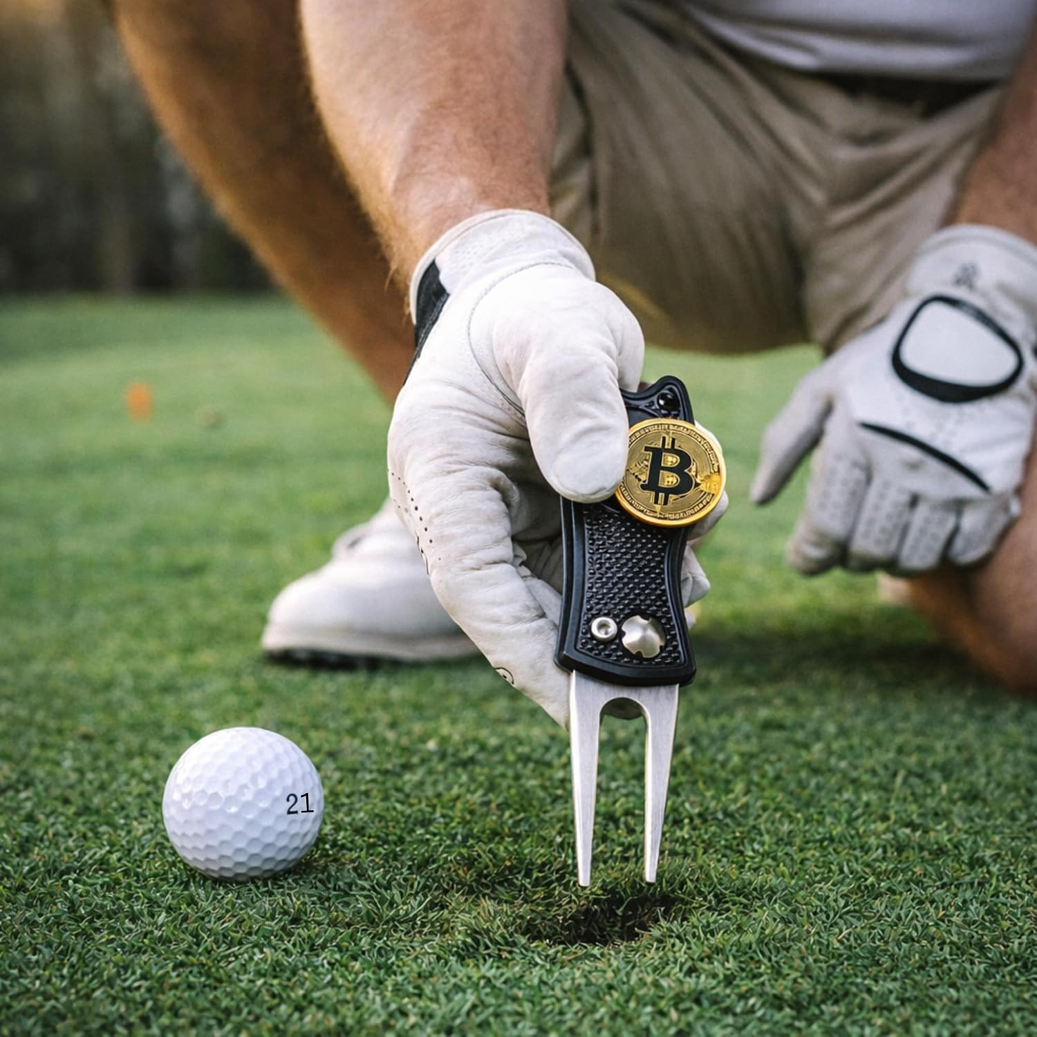 Bitcoin Golf Divot Tool, 3-in-1 Multitool, Magnetic Ball Marker | Foldable Switchblade Design, Pop-Up Button Release, Club Holder Slot, All-Metal Construction, Golf Accessories Gift
