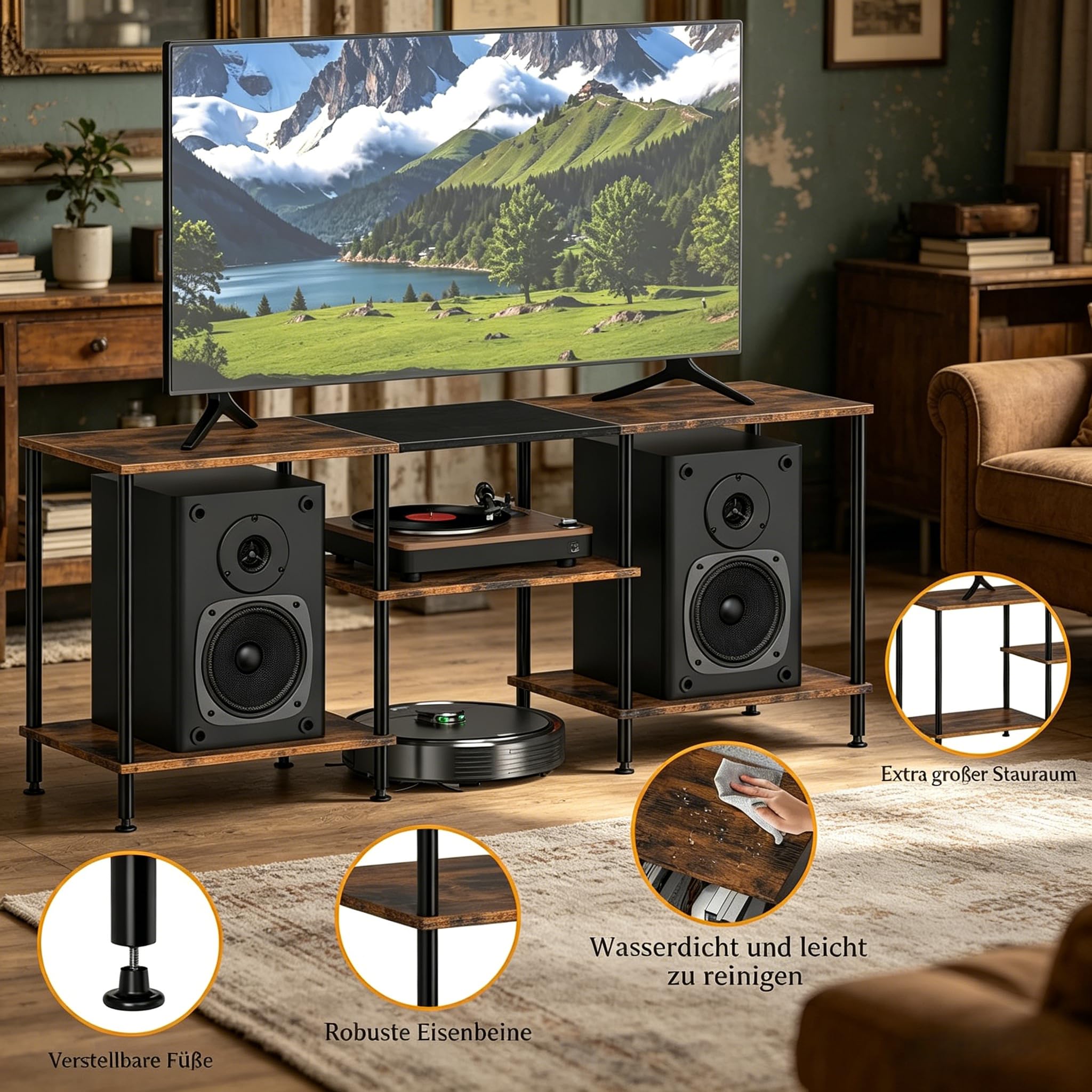 TV Schrank Ständer 3-Stufiges Regal TV-Schrank Freistehend für 50-Zoll-Fernseher Fernseher Schrank mit Verstellbare Standfüße TV Möbel Rustikaler für Wohnzimmer Schlafzimmer Hotels (Braun)