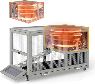 COZIWOW 36.5-Inch Double-Decker Wooden Insulated Rabbit Hutch with Wheels, Heated Rabbit Cage Featuring A Cleaning Tray and Ladder—Stylish&Easy to Assemble(Grey and Warm)