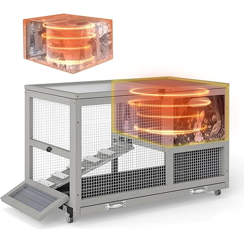 COZIWOW 36.5-Inch Double-Decker Wooden Insulated Rabbit Hutch with Wheels, Heated Rabbit Cage Featuring A Cleaning Tray and Ladder—Stylish&Easy to Assemble（Grey and Warm）