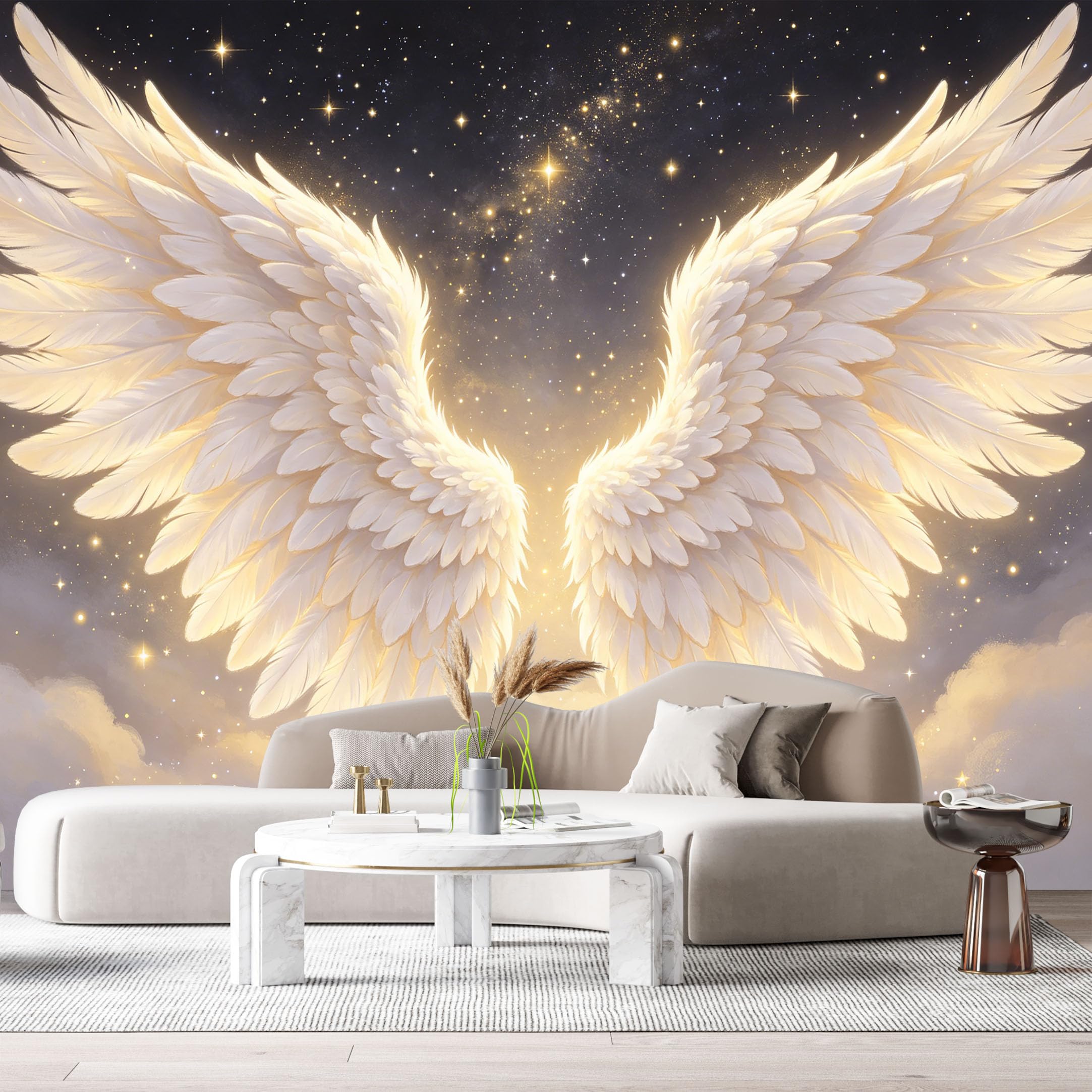 Custom Size Wall Murals Abstract Modern White Angel Wings Starry Sky Night Clouds SelfAdhesiveWall Fabric Removable Wallpaper Wall Decor for Living Room Bedroom Bathroom