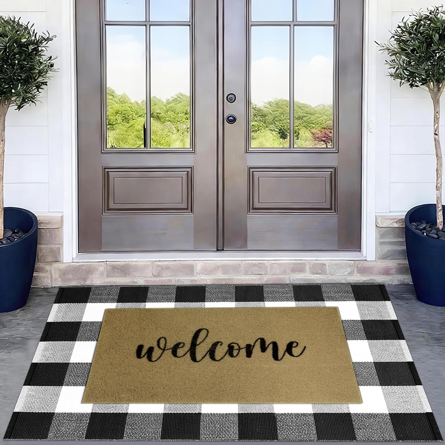 2 Pcs Door Mat，100% Coco Coir Welcome Doormat + 27.5" x 43" Buffalo Black and White Plaid Rug，Spring Front Porch Entryway Decor Indoor Outdoor Floor Mats