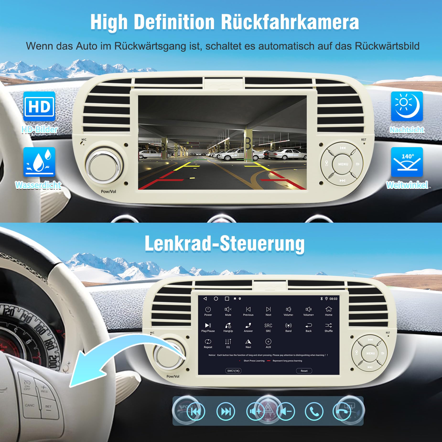 Autoradio pour Fiat 500 2007-2015 avec CarPlay/Android Auto sans Fil, Blanc | Caméra de Recul, Bluetooth, GPS/FM/Wi-Fi/RDS, Commande au Volant, Contrôle Vocal, 2+64Go Android Poste Radio Écran Tactile 7″