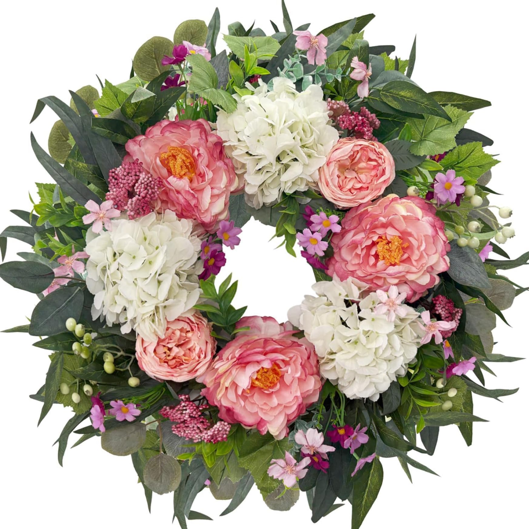Frühlingskranz, 55, 9 cm, Hortensien und Pfingstrosen, Blumenkranz für die Haustür, handgefertigt, Elegante Willkommenskränze für draußen und drinnen