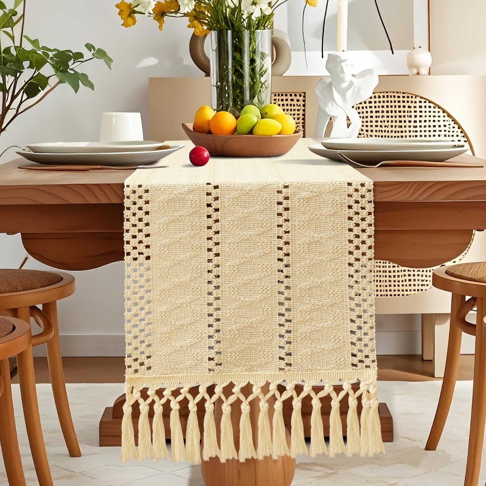 OTOSTAR Boho Table Runner Beige Macrame Table Runners with Tassels Woven Table Runner 36 Inches Long Rustic Farmhouse Table Runners for Kitchen Dining Room Home Decor 12x36 Inch (Beige)