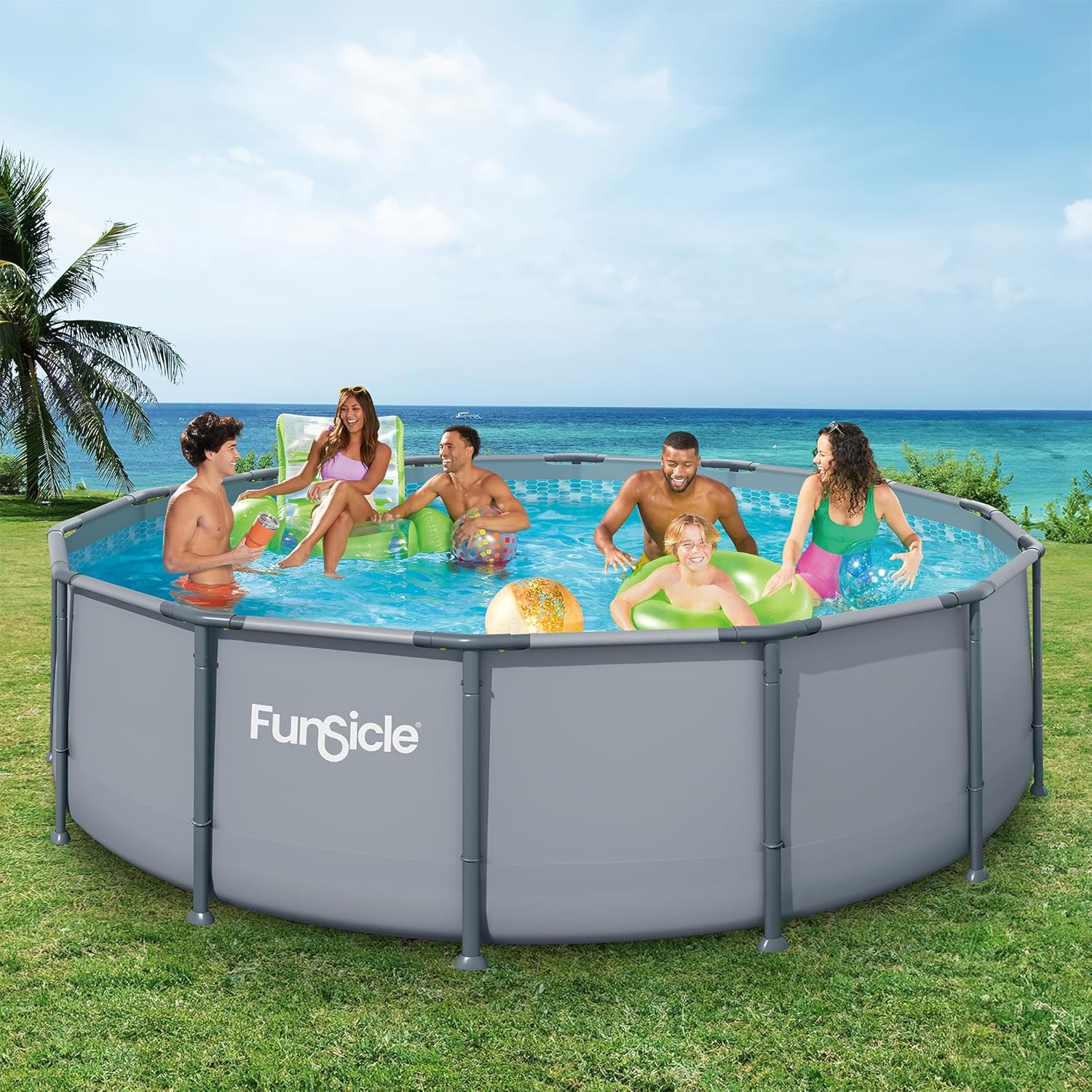 Funsicle Oasis 14' x 42" Round Above Ground Swimming Pool, Includes FiltraBoost 1200 GPH Filter Pump with AutoSkimmer, Ladder, Cover Ground Cloth, Type C Filter Cartridge & Repair Patch, Cool Gray