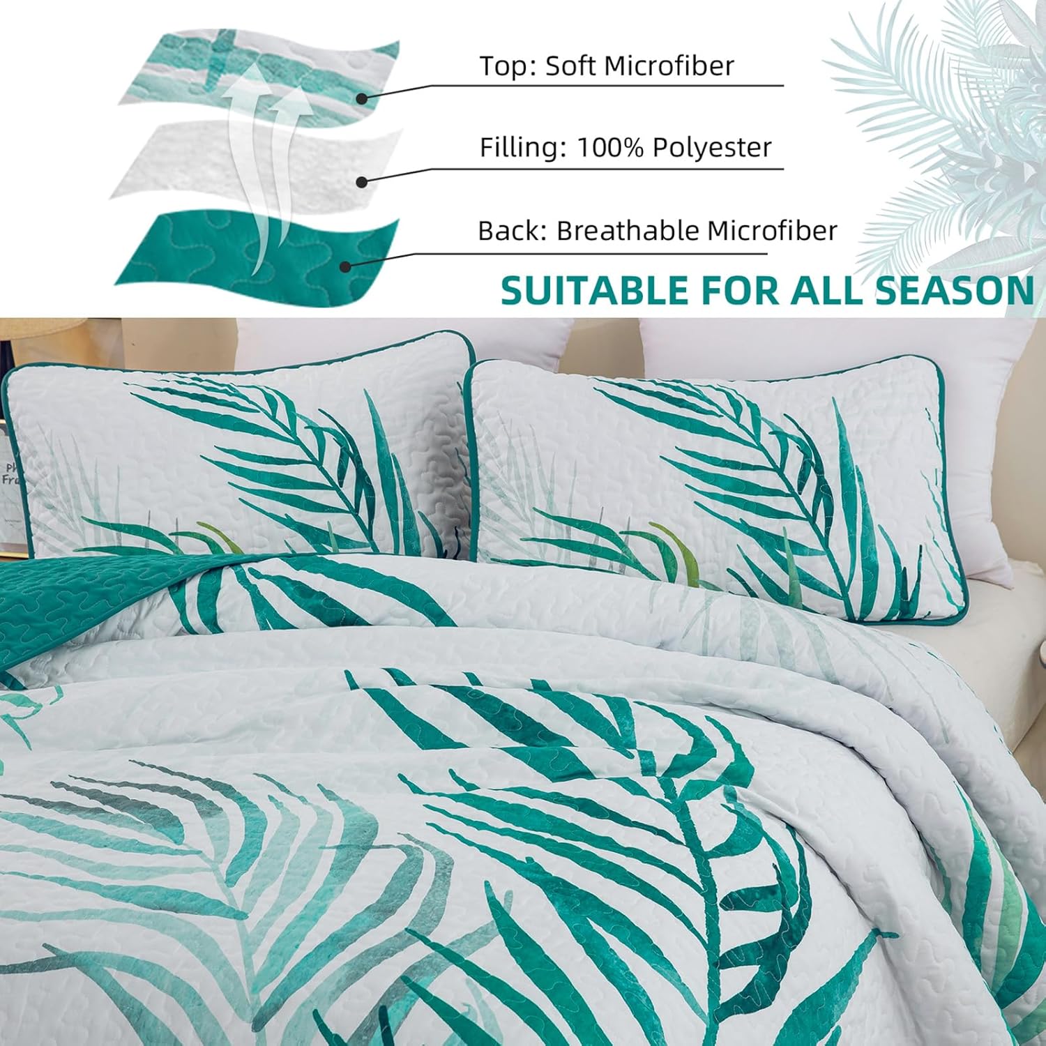 Quilt Set Queen Size Aqua Tropical Coastal Botanical Quilt Bedding Set, 3 Piece Lightweight Soft Microfiber Palms Tree Bedspreads Coverlet Set with 2 Pillowcases for All Season (Queen,96"x 90") - Image 4