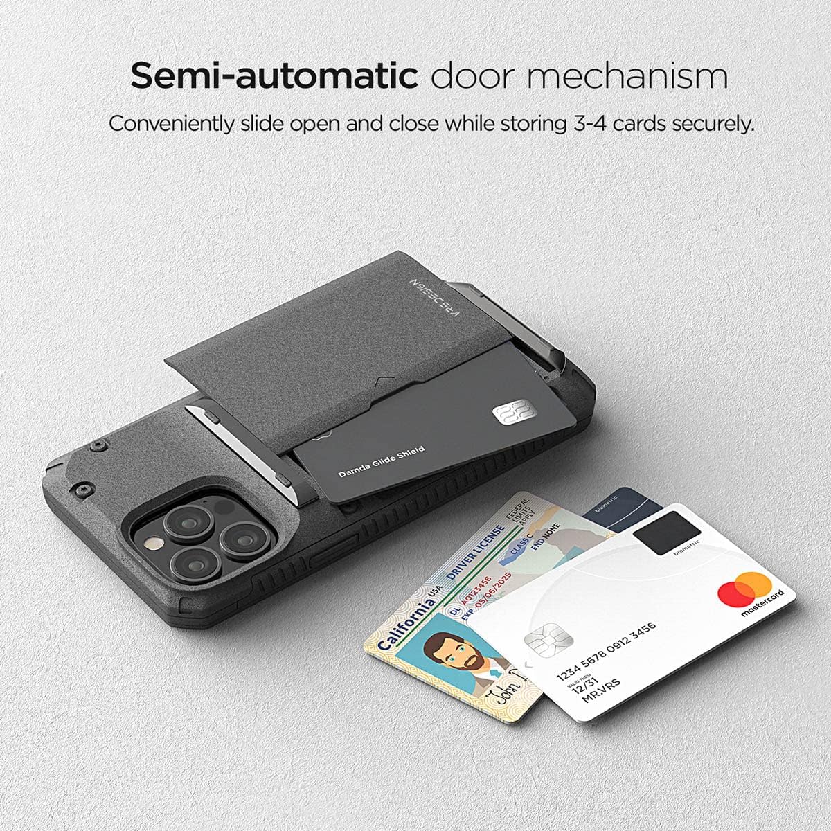 VRS DESIGN Damda Glide Pro, Sturdy Semi Auto Wallet [4 Cards] Case Compatible for iPhone 13 Pro Case (2021) (Sand Stone)