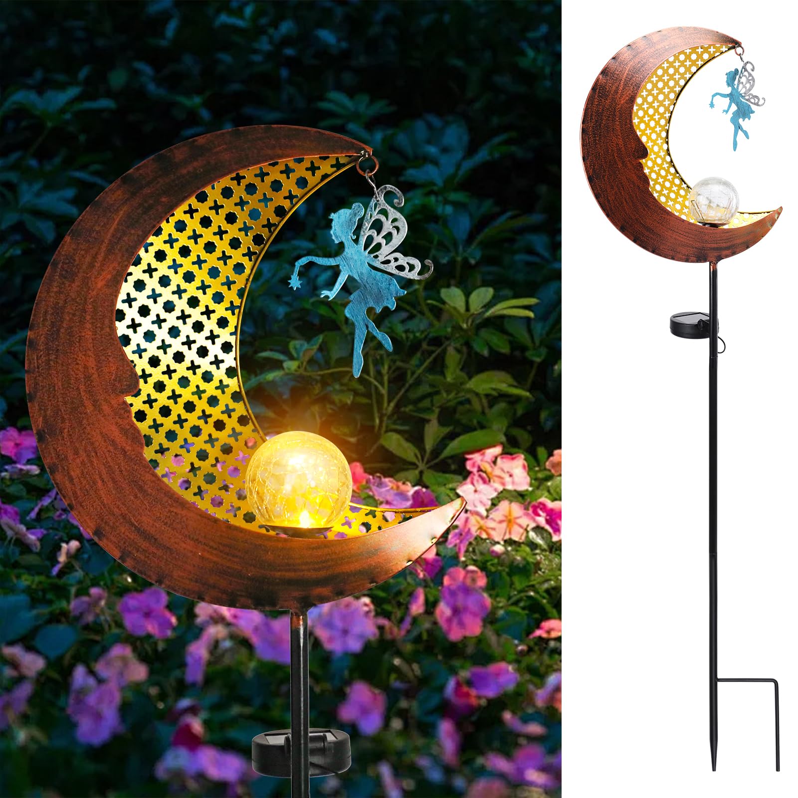Bshine Statua da giardino a energia solare, decorazione per esterni, fatina lunare, in metallo, impermeabile, per prato, cortile, patio, sentiero, decorazione da giardino, regalo unico per la festa