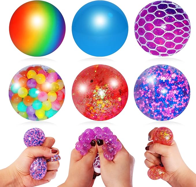6PACK Stress Balls Bulk, 6 Different Squishy Squeeze Balls
