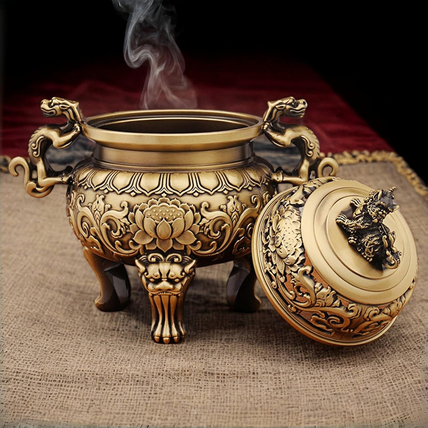 Brass Chinese Incense Burner with Lion Lid - Handmade 670g Feng Shui Censer, Oriental Decor Incense Censer for Zen Meditation Altar, 5.5 Inch Wide Mouth Solid Brass Incense Burner Gift Idea