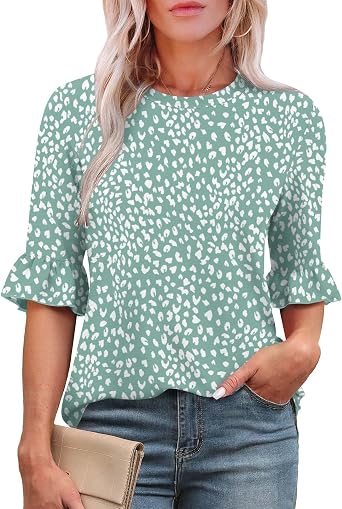 Rapbin Womens 3/4 Length Sleeve Tops Loose Fit Casual Crew Neck Shirts Ruffle Tunic Blouses