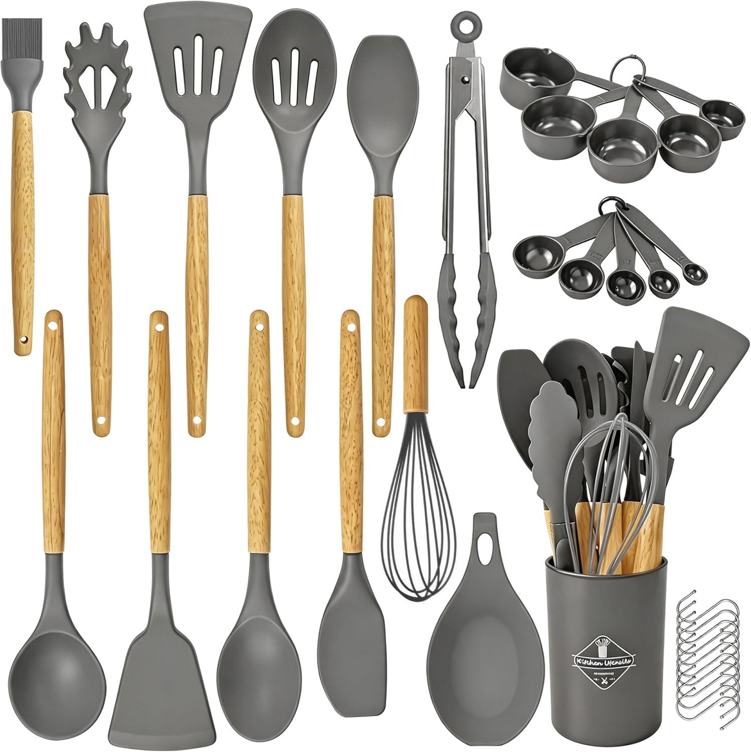 33 Pcs Silicone Kitchen Cooking Utensils Set, Wood Handle & Holder