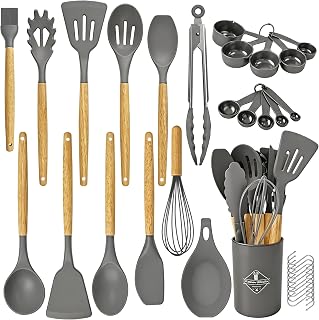 33 Pcs Silicone Kitchen Cooking Utensils Set, Wood Handle & Holder | Scratch-proof for nonstick cookware. 446°F heat resistant, BPA-free. Includes spatulas, measuring cups, holder & hooks