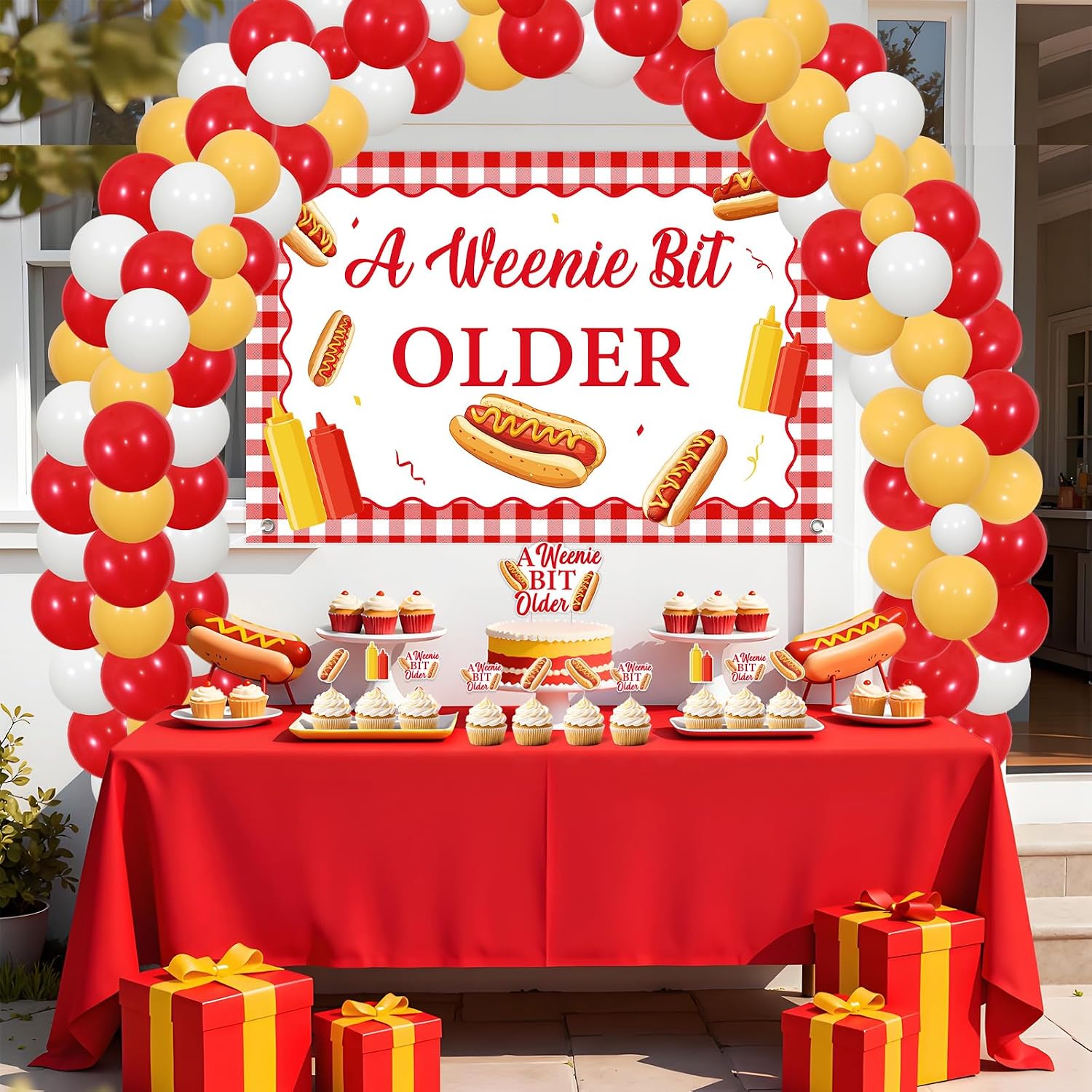 Jollyboom a Weenie Bit Older Birthday Decorations, Hot Dog Decorations Backdrop Banner Cake Cupcake Toppers Balloons Arch for Women Bridal Shower Wedding Retro Bbq Cookout Party