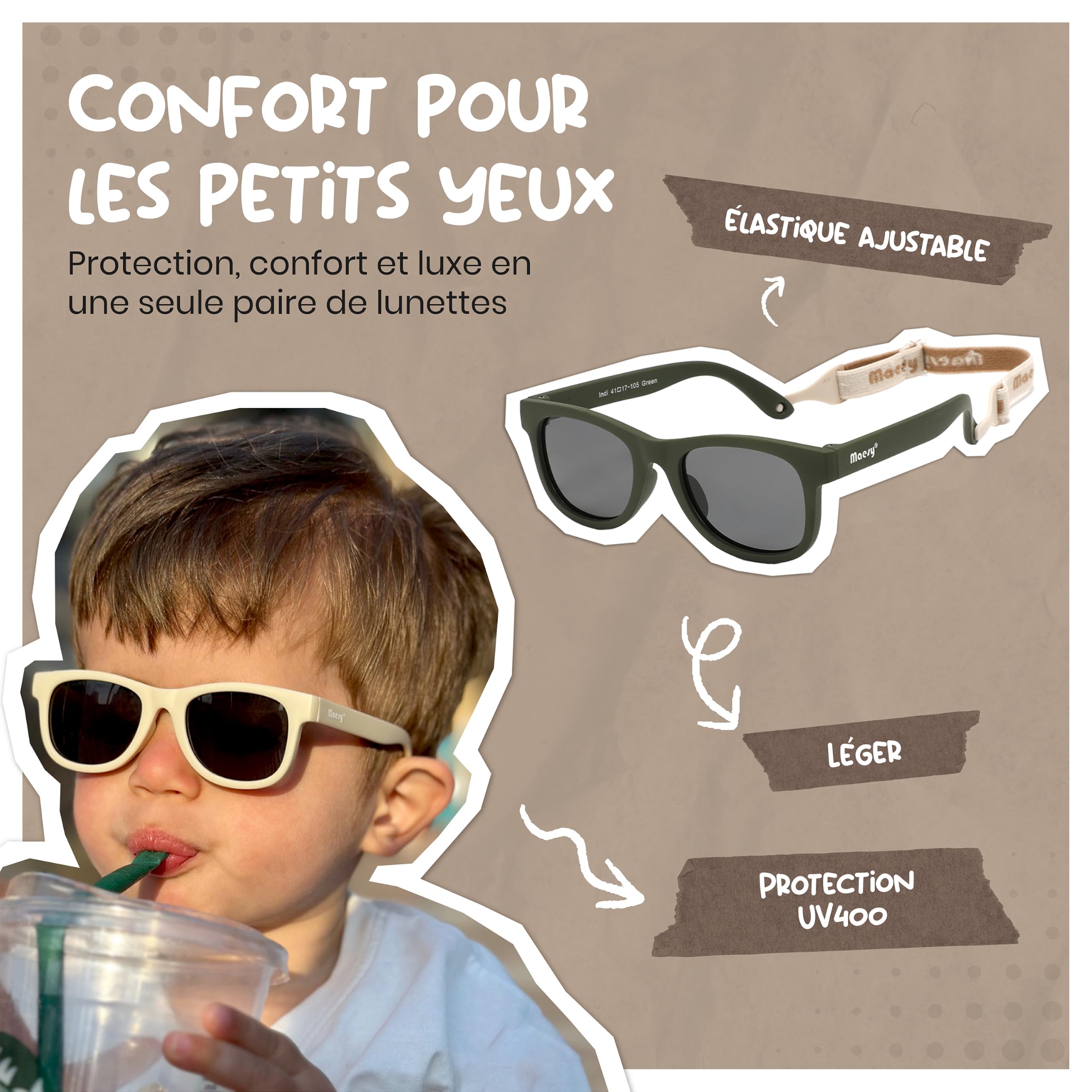 Lunettes de Soleil Bébé - 0-2 Ans - Protection UV400 Polarisée - Cadre Flexible et Pliable - Bande Élastique Réglable - Lunettes de Soleil Sûres et Confortables - Pour Enfant - Indi