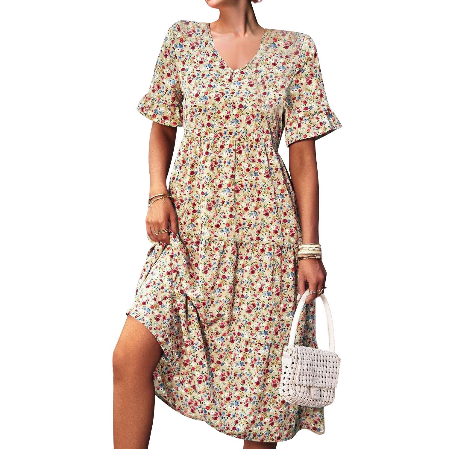 EYYECAN Damen-Sommerkleid, lässig, V-Ausschnitt, Rüschenärmel, gesmokt, hohe Taille, Midi-Kleid