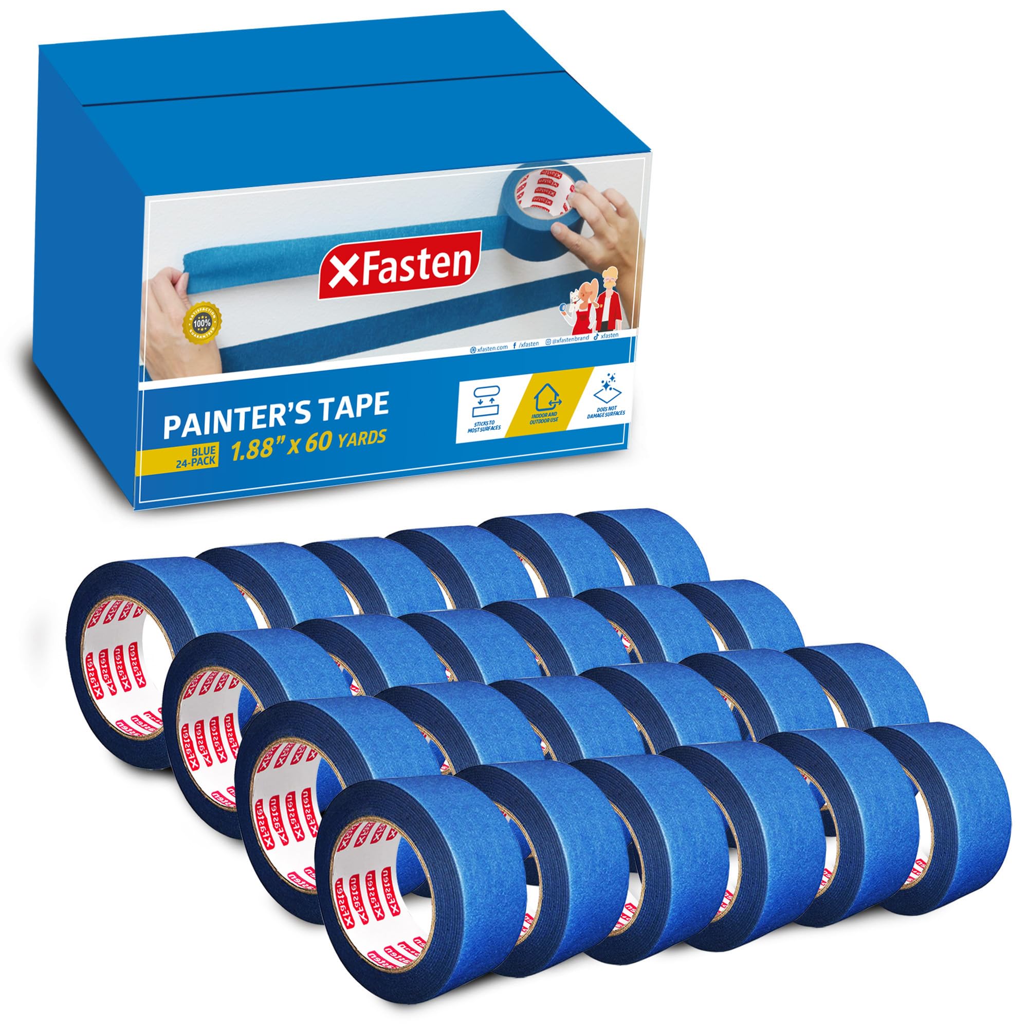 XFastenBlue Painters Tape Bulk, 1.88 Inch x 60 Yards, 1440 Yards Total (24-Pack) Blue Painters Masking Tape Bulk - Sharp Edge Line Technology, Produces Sharp Lines | Residue-Free Wall Trim Tape