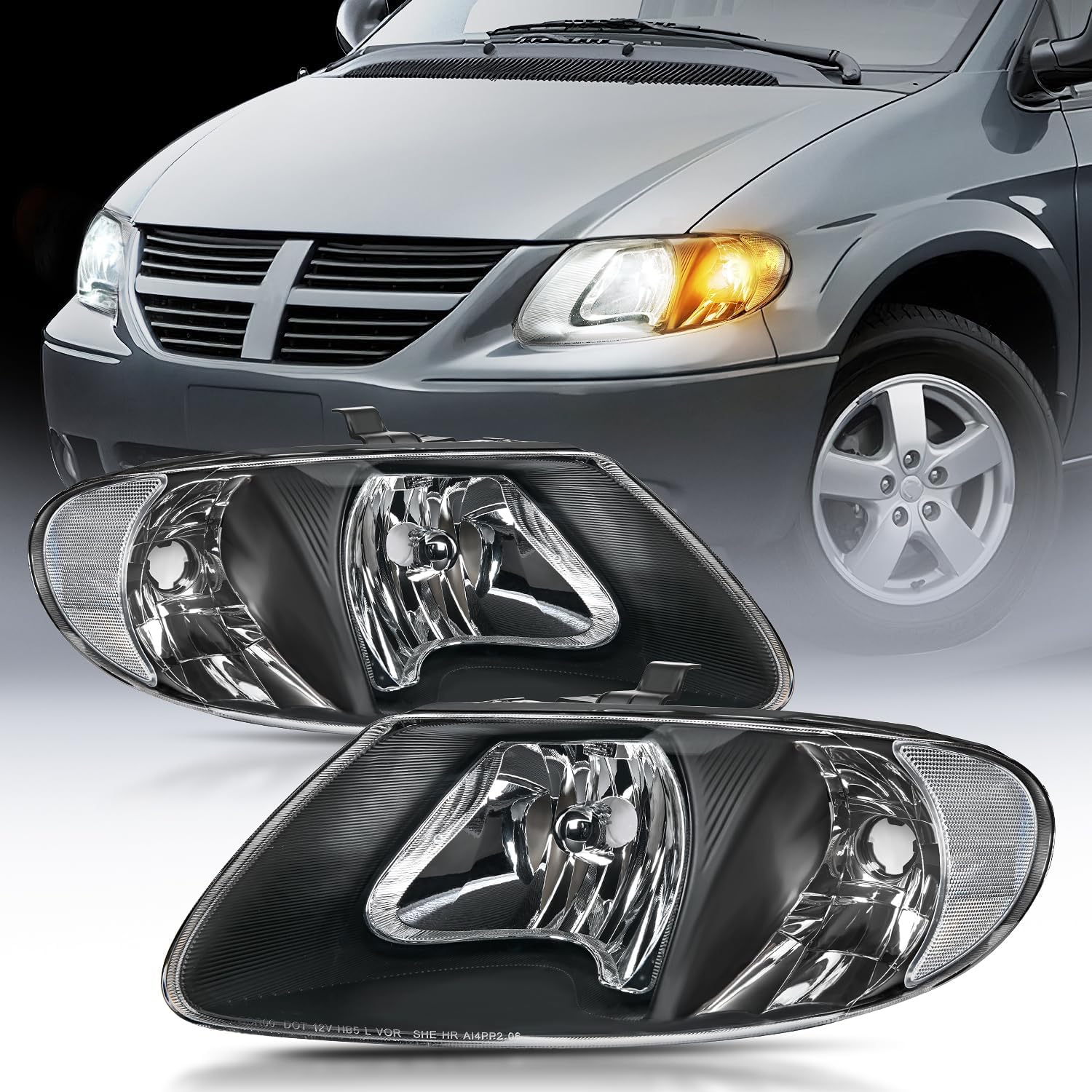 Nilight Headlight Assembly for 2001 2002 2003 2004 2005 2006 2007 Chrysler Town & Country 2001-2003 Voyager 2001-2007 Dodge Grand Caravan Replacement Black Housing Clear Reflector