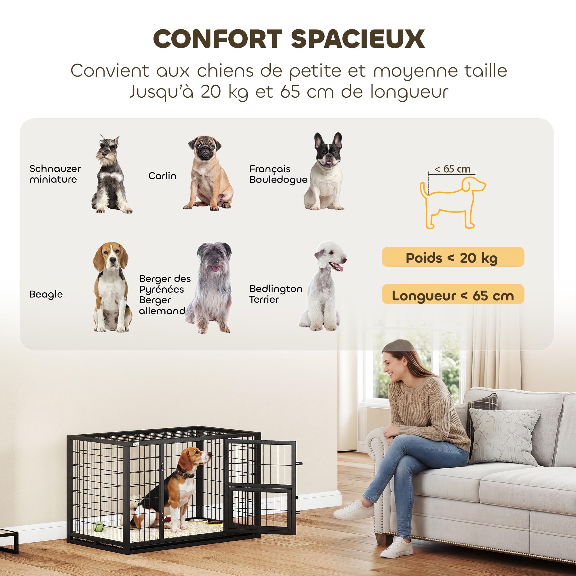 PawHut - Jaula para perro resistente de acero con tubos cuadrados, para interior con techo corredizo y puerta de alimentación, jaula de metal, 94 x 60 x 64 cm, para border Collie y perro mediano
