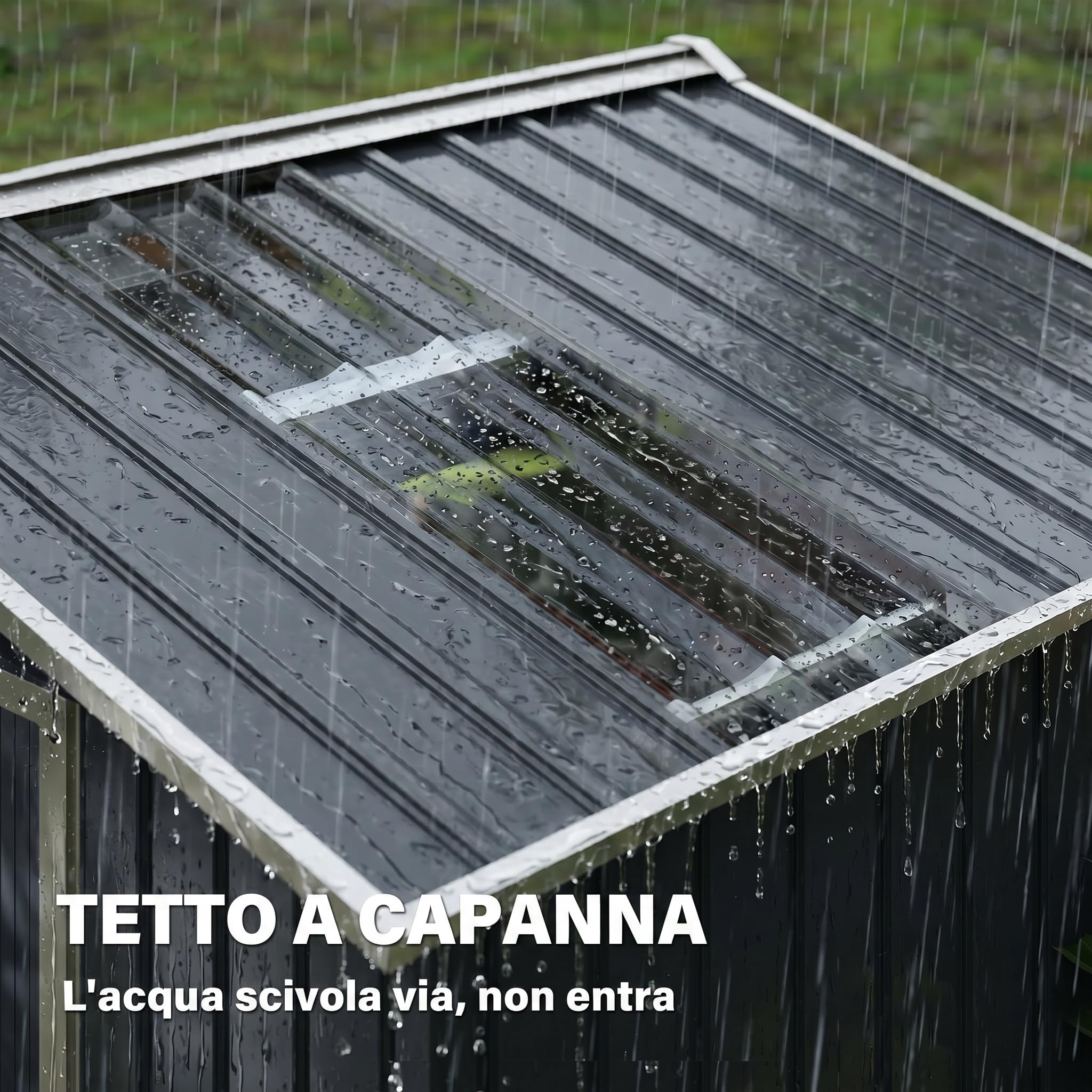 Outsunny Casetta da Giardino 2.42m² in Acciaio Zincato con Prese d'Aria e Kit Fondazione, Capanno da Giardino con Lucernario, Doppia Porta Scorrevole Bloccabile, Tetto Inclinato, Grigio Scuro