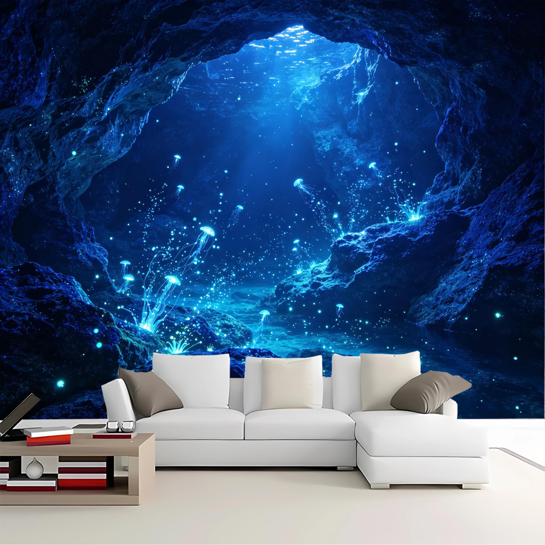 Custom Size Wall Mural Cave View Underwater Glowing Jellyfish Removable Self Adhesive Peel and Stick Wallpaper for Bedroom Living Room Dining Room