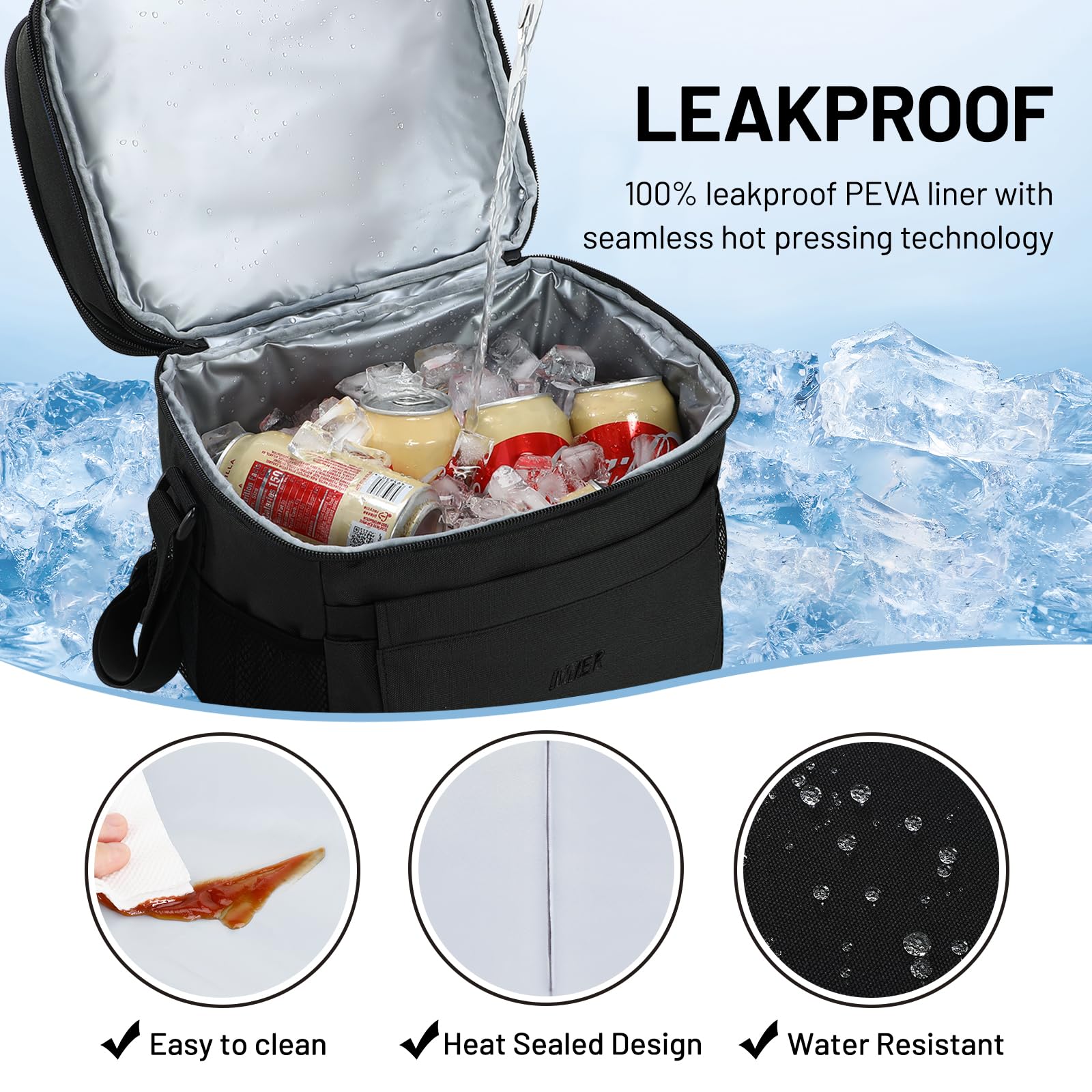 MIER Boîte à déjeuner extensible à double compartiment isotherme étanche avec poches avant et arrière pour adulte, travail, voyage, pique-nique, plage, noir