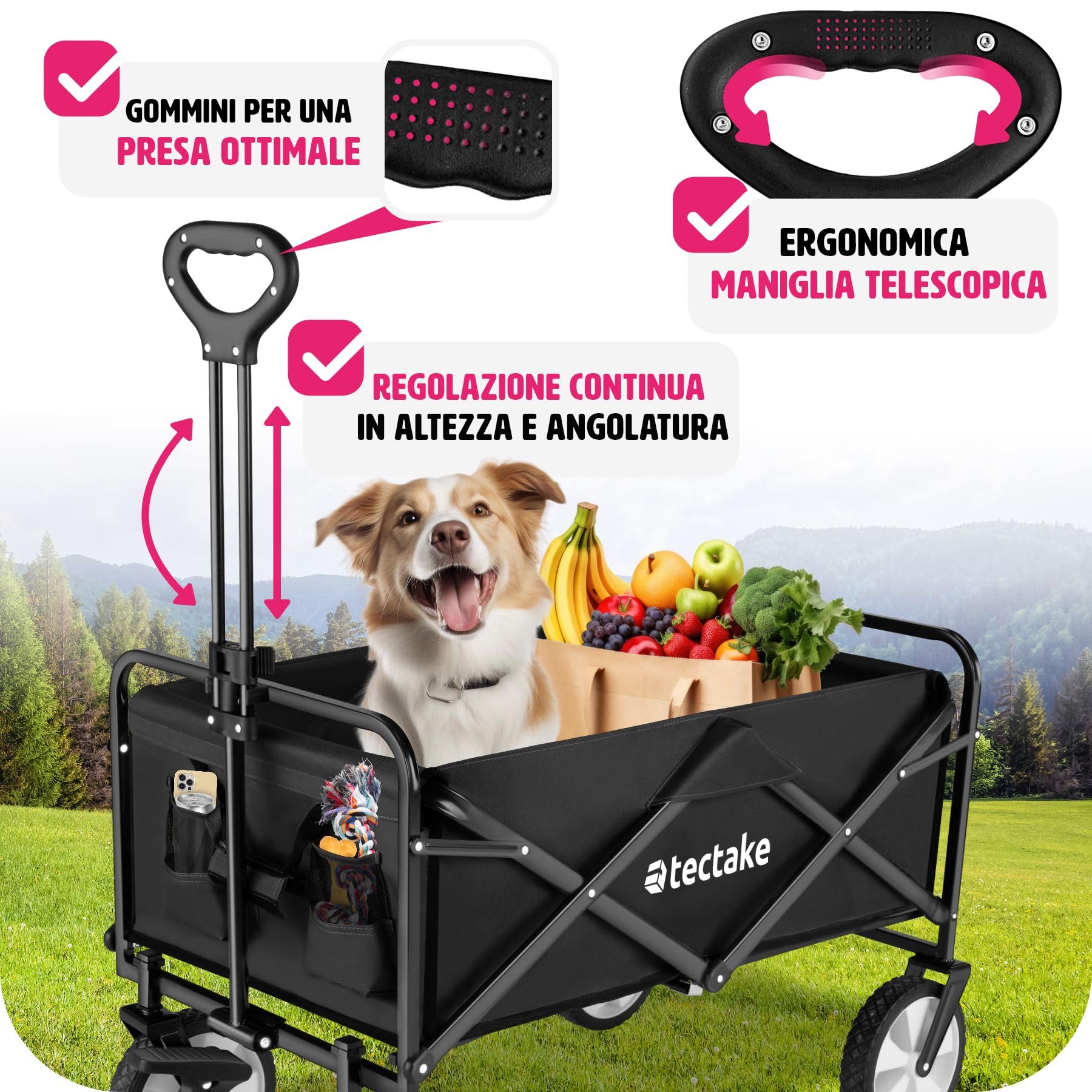 tectake® Carrello Pieghevole Leon, con Freni, Maniglia Telescopica, Carrello con Ruote Portatutto da Giardino, Carro Portaoggetti - Nero/Nero