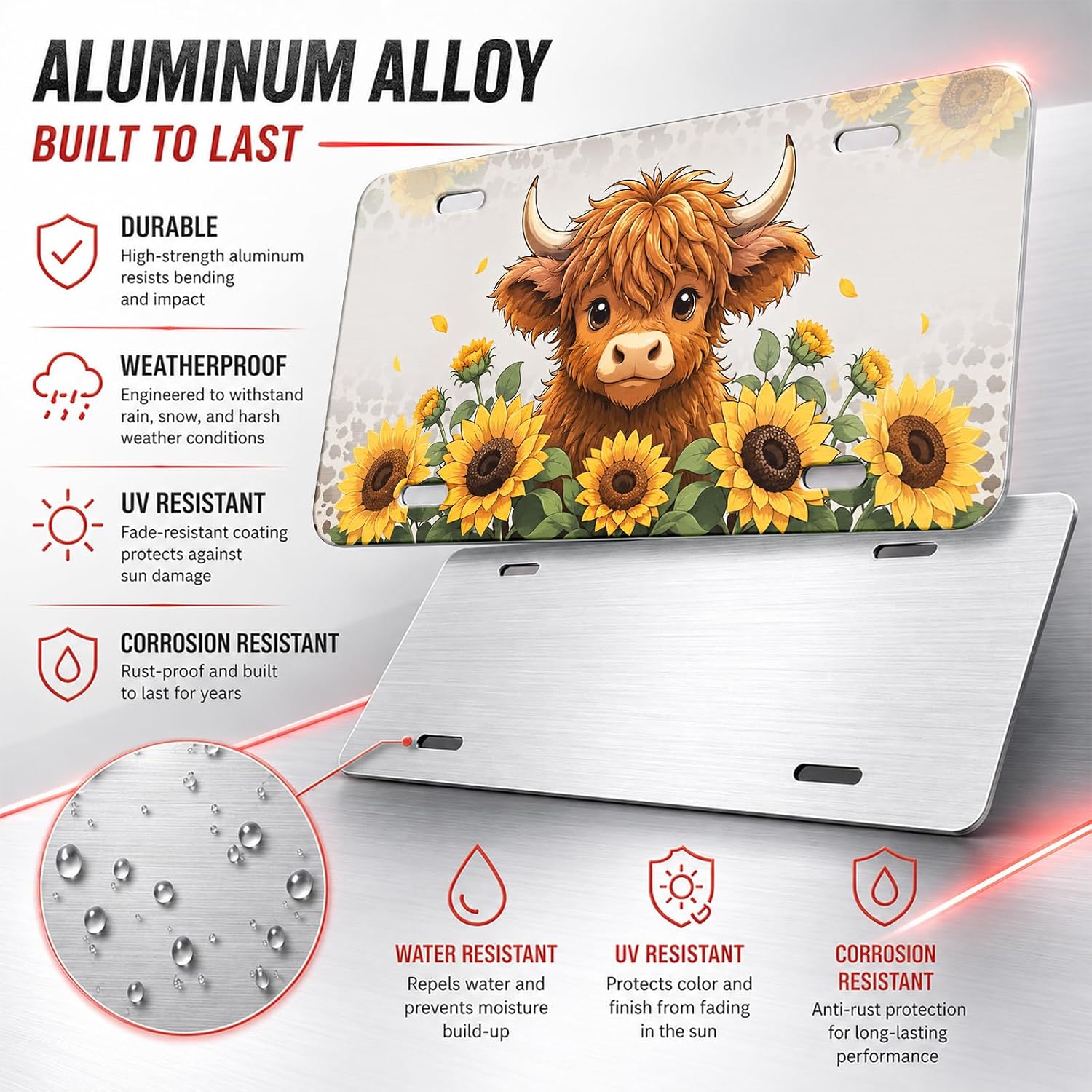 Front License Plate Aluminum Metal Decorative Car Vanity Tag Cover Funny Cute Novelty 6"x12" with 4 Holes for Trucks SUVs Cars,Sunflower Bull Leopard image 2