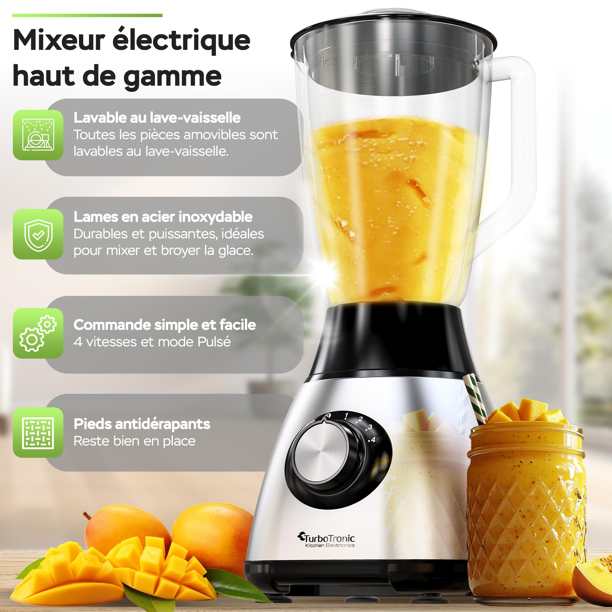 TurboTronic Mixeur 1200W, Blender avec bol en verre 1,5L, Fonction glace pilée – Sans BPA, Acier inoxydable – Smoothies, milkshakes et sauces