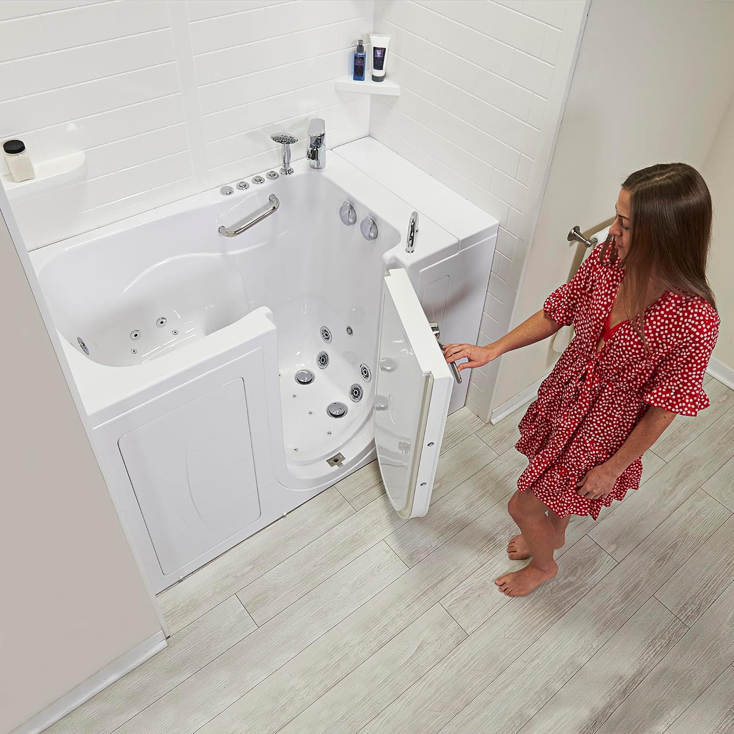 Ellas Bubbles Capri Acrylic Air and Hydro Massage and Heated Seat Walk-In Bathtub with Right Outward Swing Door, 2 Piece Fast Fill Faucet, 2" Dual Drain, White, 30x52x45, OA3052DH2P-R