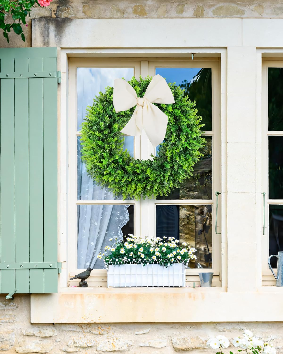 DDHS 20'' Boxwood Wreaths Front Door Artificial Spring Wreath. Wreaths for Front Door Farmhouse Wedding Green Year Round Indoor Outdoor for Summer Wreath St Patricks Day Decorations -(Hello Sign)