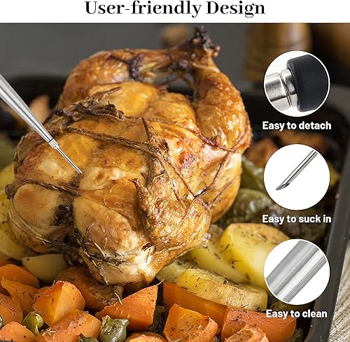 Miniatura 5 de Jeringa de pavo para cocinar, inyector grande de carne de acero inoxidable, con cepillo de limpieza y 2 agujas de adobo, color negro