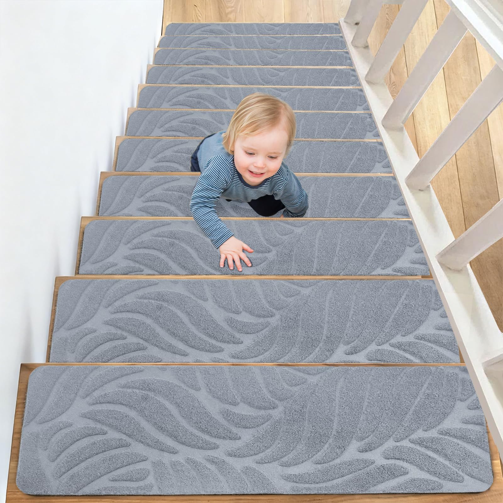 Tappetini per scale 15 pezzi, antiscivolo autoadesivi 55x19 cm, riutilizzabili e tagliabili, protezione per scale per animali domestici e bambini - Grigio chiaro