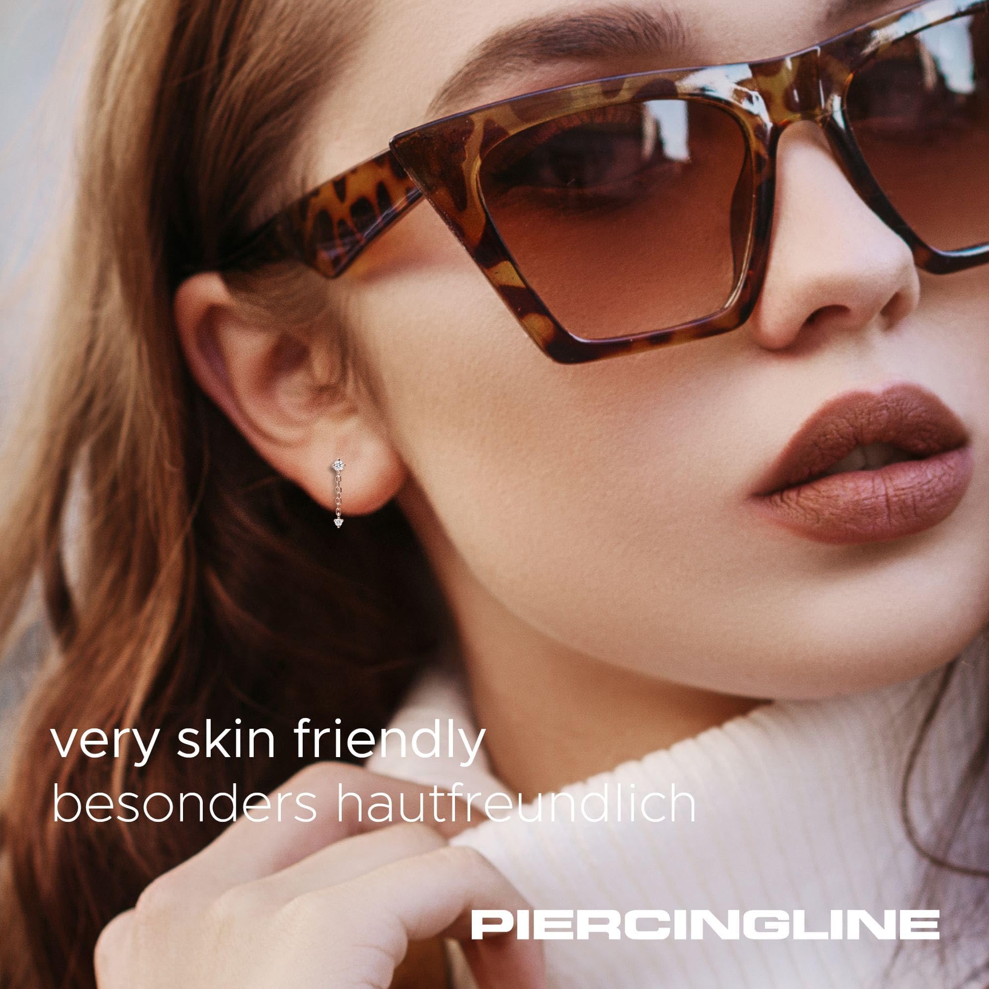 PIERCINGLINE Piercing Stecker 14 Gold Labret mit Innengewinde 2 MOISSANITE + KETTE 585er Gold - Roségoldfarben, Goldfarben, Silberfarben