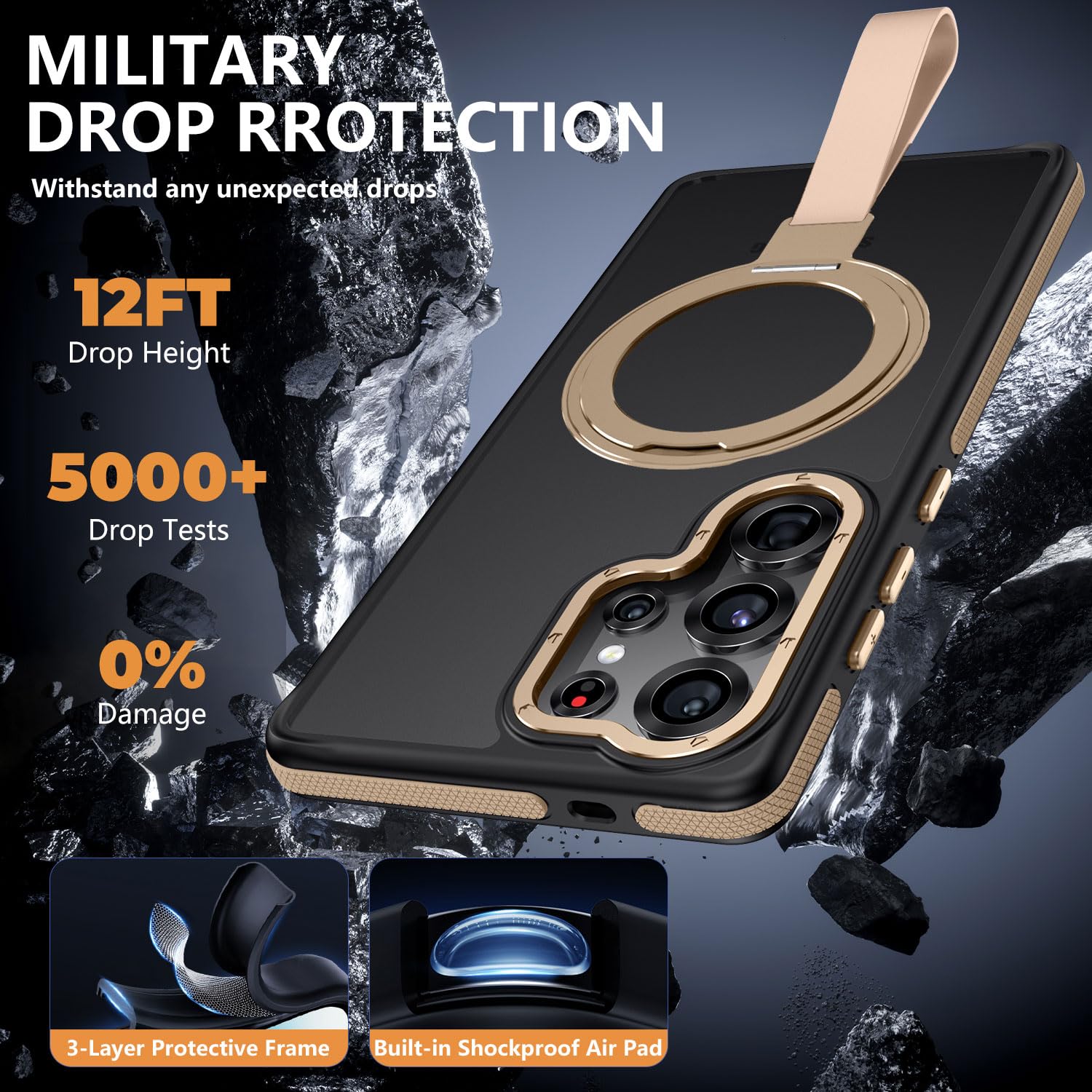 TIANNIUKE Funda para Samsung Galaxy S25 Ultra, soporte magnético giratorio de 360° con correa de silicona, apto para MagSafe Mil-Grade a prueba de golpes, translúcido mate, fundas para teléfono S25