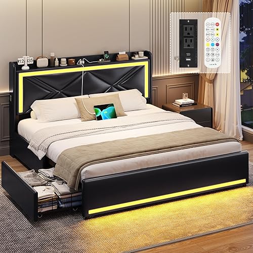 Miniatura 9 de Base de cama Queen con cabecero de luces LED RGB y estación de carga USB-CA, moderna plataforma tapizada con cajones de almacenamiento, listones de