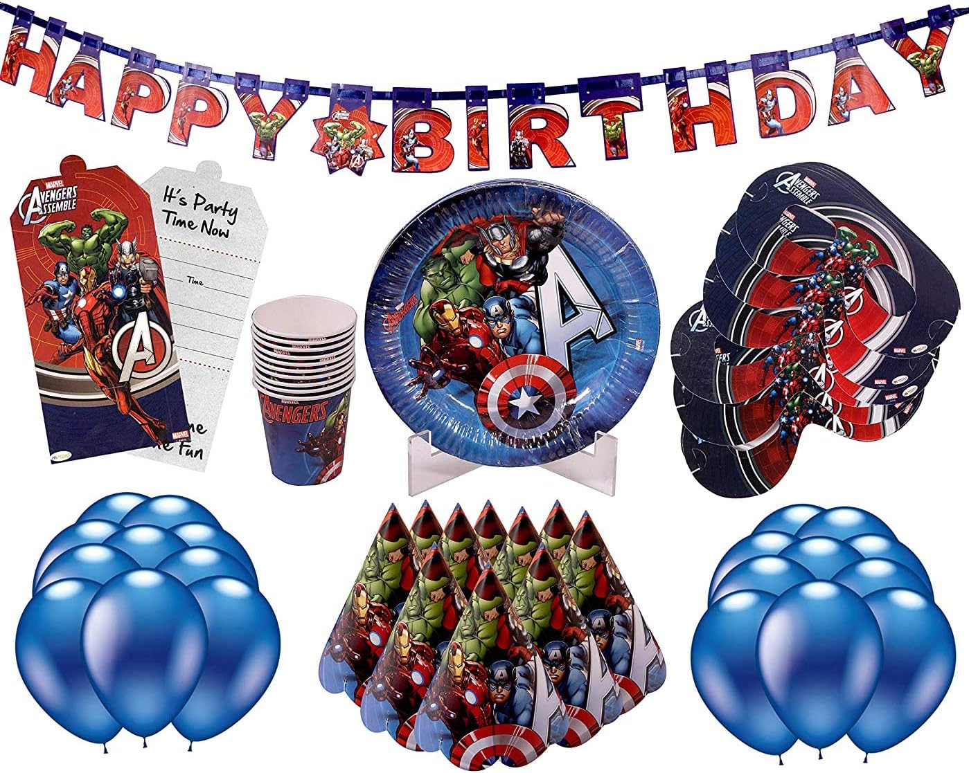 Party Hour Disney Avenger Combo Set of Metallic Happy Birthday Balloon, Banner, Eye Mask, Invitation Card, Cap, Plate and Cup for Birthday Party Decoration of Kids, Age 4 to 12 Years