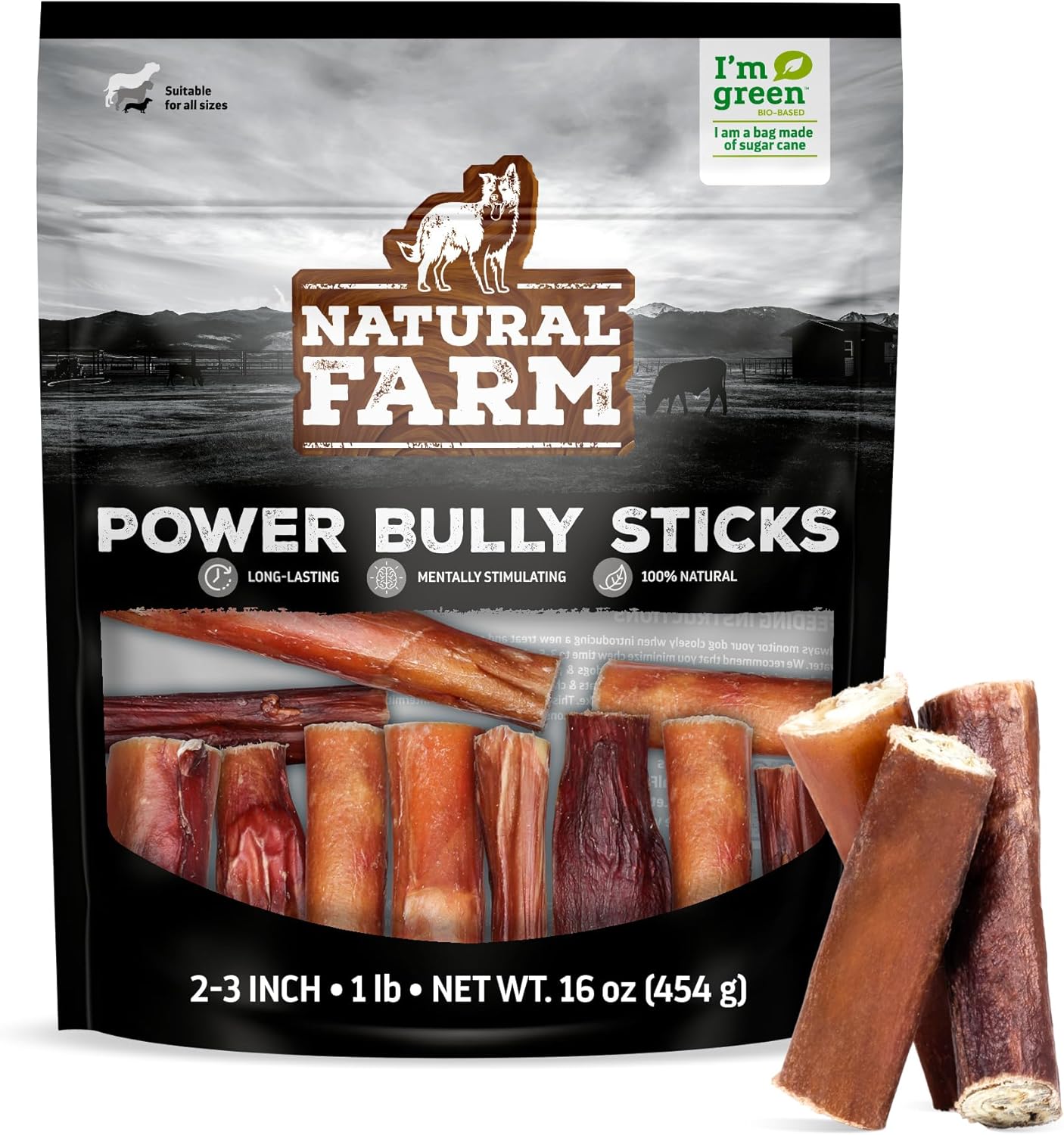 Natural Farm Power Bully Sticks Dog Chews (2-3”, 1 Pound Bag), 2-in-1 Power Chews: Premium Beef Cheek Wrapped in Beef Pizzle, Double Chewing Time, Promotes Dental Health, Great for Small Dogs