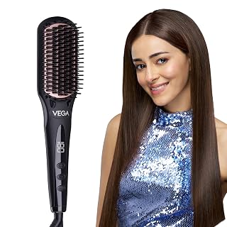 Vega Black Shine Hair Straightener Brush for Women, Straight in Min, Ionic & Thermoprotect Technology, 16 Temperature Settings, Hot Brush Heat Damage Protection for Scalp, Straightening Brush, VHSB-04