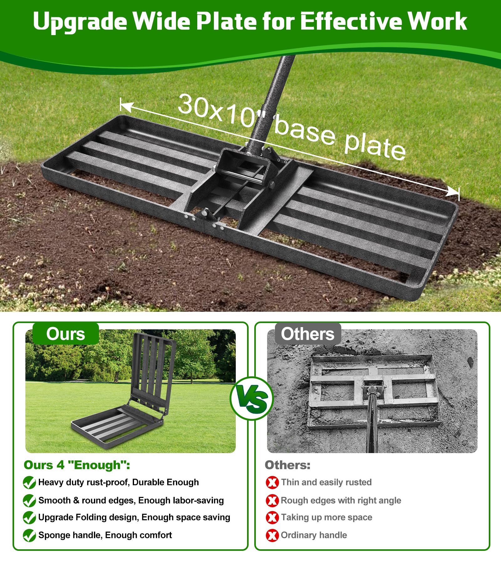 Rastrillo nivelador de césped de 30 x 10 pulgadas, herramienta niveladora de césped con mango ajustable de 6.2 pies de largo para césped, rastrillo de paisaje resistente para patio, jardín, campo de