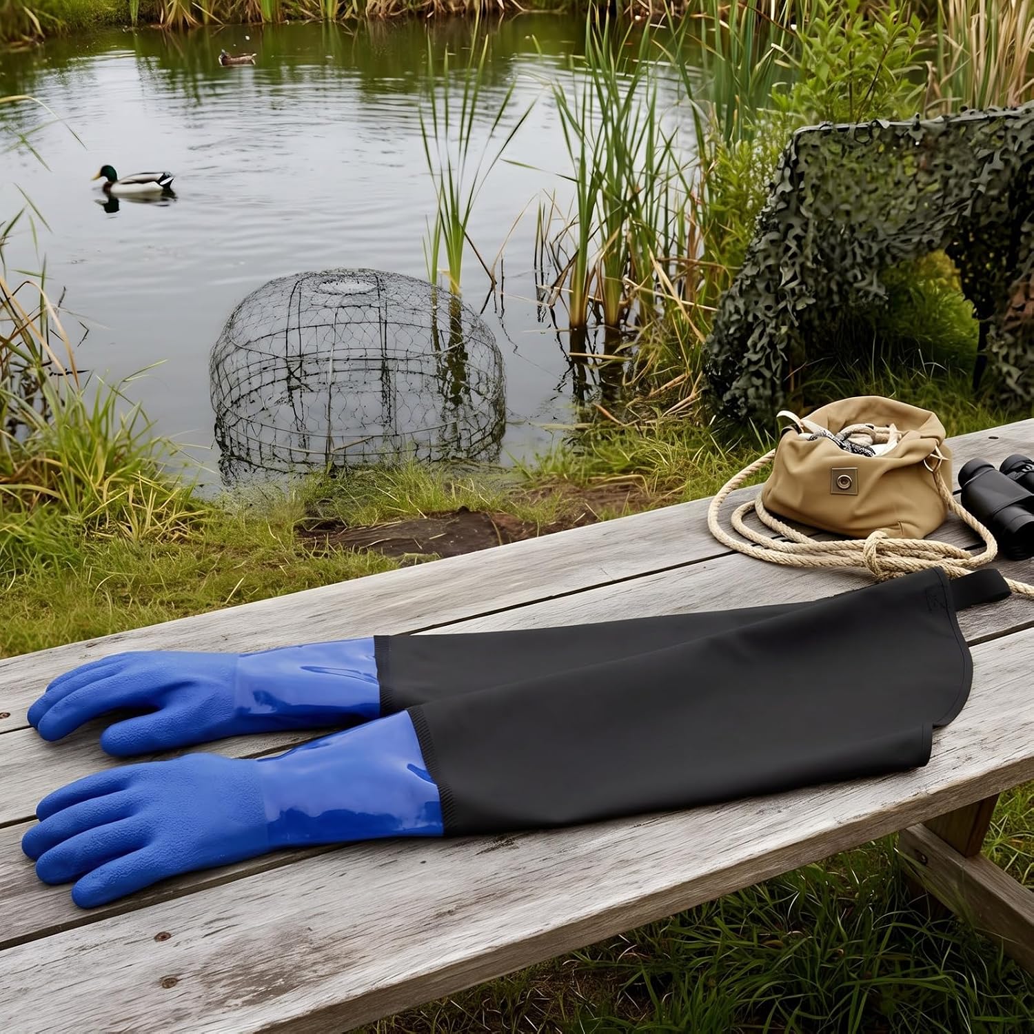 Reallnaive 38 Inch Shoulder Length Decoy Gloves Trapping Gauntlet Glove Insulated Waterproof Duck Hunting Glove Waterfowl Trapping Supply Hunting Accessory Cold Weather Gear (Normal Thickness,Blue)