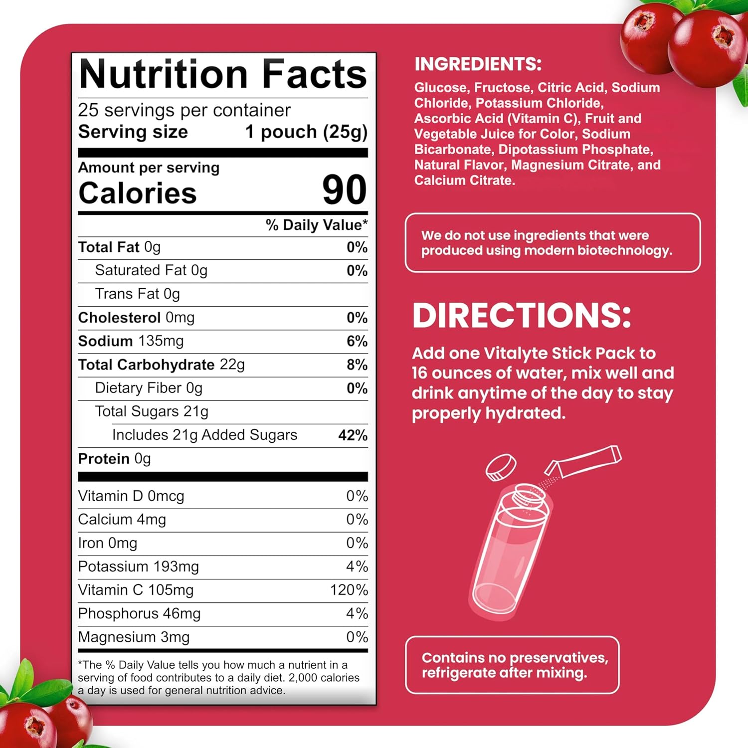 Vitalyte Electrolyte Powder Packets - Isotonic Clean Electrolyte Hydration Drink Mix - Single Serve Rehydration Packets with No Artificial Colors, Flavors or Sweeteners (Cranberry, Pack of 25)