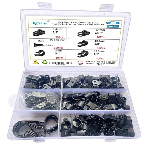 Bigtrans - 300 clips de alambre de plástico de nailon tipo R con tornillos de 14 pulgadas, 516 pulgadas, 38 pulgadas, 12 pulgadas, 34 pulgadas,