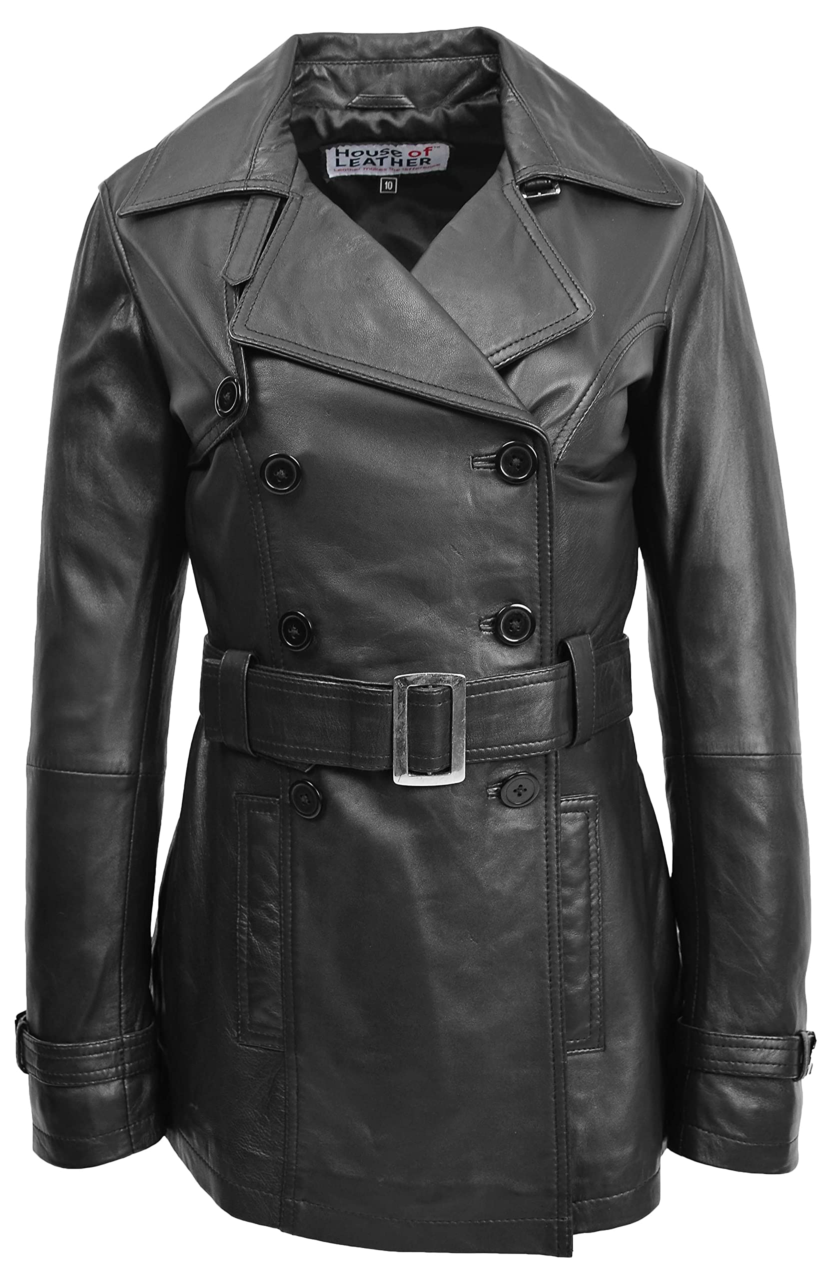 House Of Leather Women's Black Real Leather Double Breasted Mid Length Trench Coat Sienna (16, )